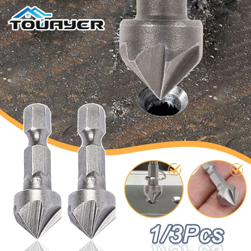 1/3PCS Hexagonal Shank Six-Blade Woodworking Chamfering Tool Carbon Steel Sandblasting Chamfering Knife Hole Opener Countersink