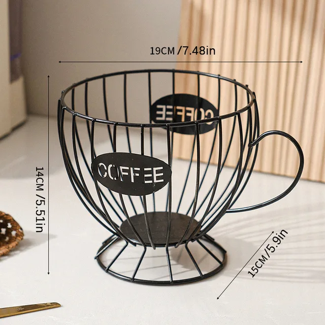 Panier De Rangement Capsules Café En Métal Et Bois - Forme Tasse, 16,5x16,5x17,5 Cm, Design Aéré