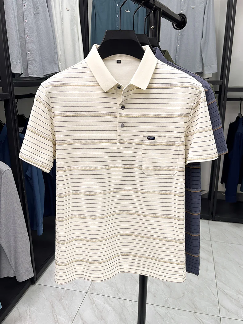 High quality stripe men short sleeve polo shirt light luxury pocket comfort breathable summer silky cotton casual lapel T-shirt 15 S53e2845dbac7435eb93090d1e00d1206X