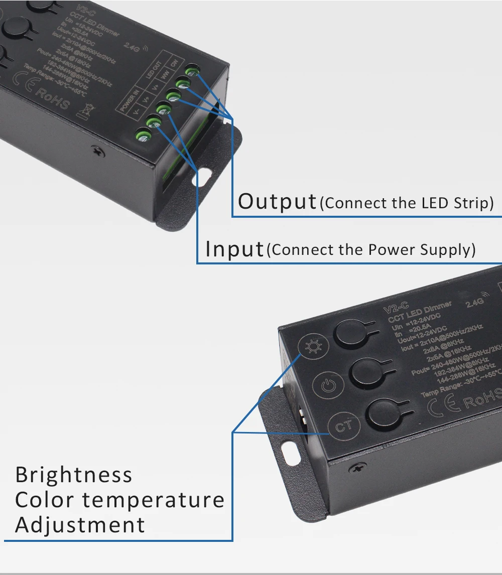 V2-C cct led controller 12v 24 v 2ch dual weiße farbe 5050 2835 cob led streifen licht 2,4g rf wireless 12 24 volt dimmer controler – Detail 6