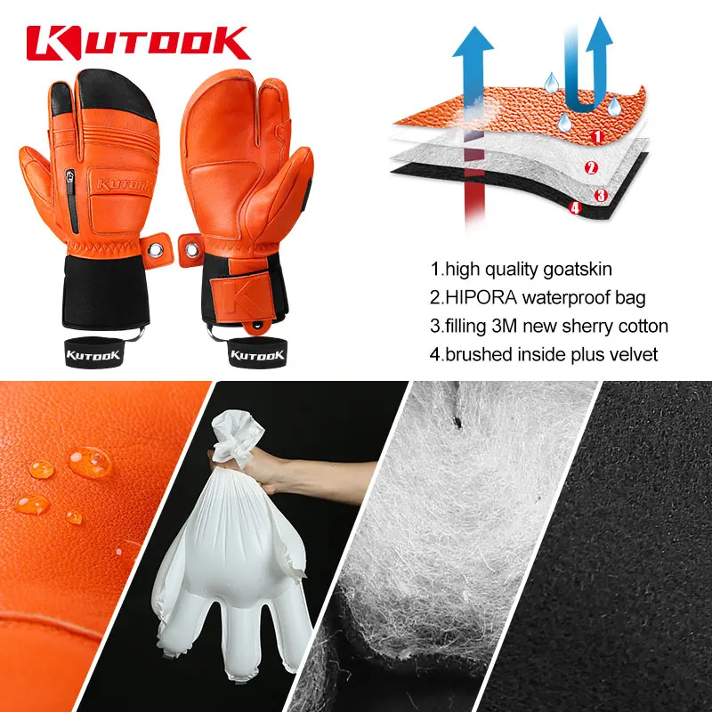 KUTOOK Winter Ski Gloves Goatskin Leather Mittens 3M Thinsulate Snowboard Gloves Thermal Warm Skiing Gloves Waterproof Men Women 5