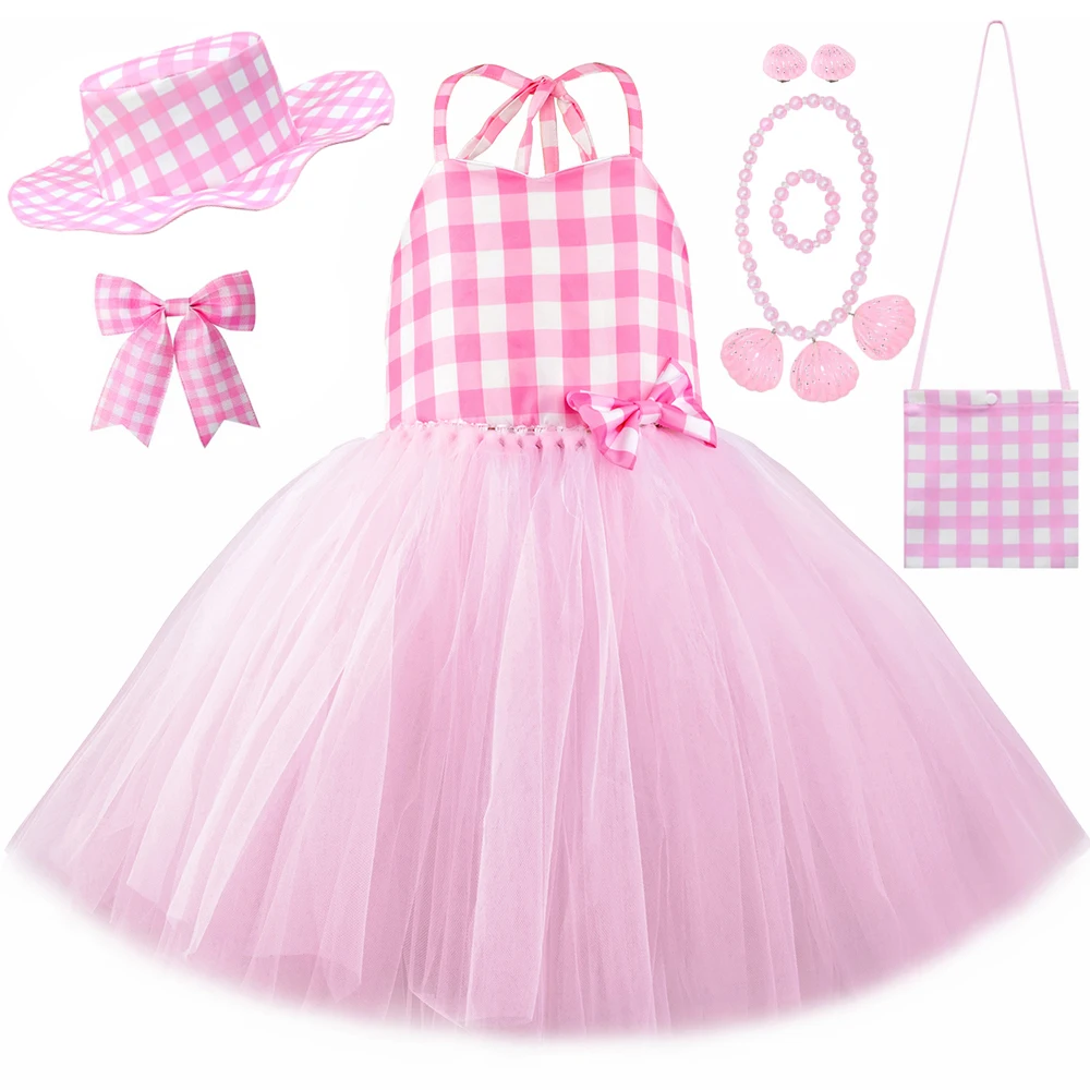 

Movie Barbi Costume for Kids Birthday Party Clothes Pink Plaid Barbi Princess Dress for Girls Halloween Cosplay Dress Up Outfits