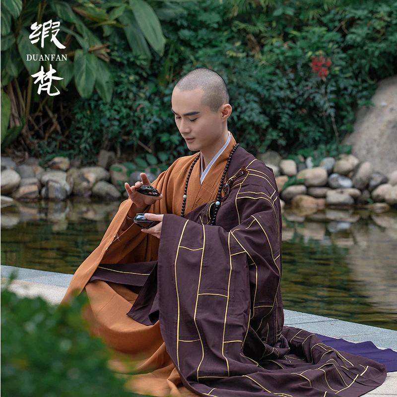 Satin Fanqi Golden Edge Monk Robe Haiqing Fine Linen Monk's Clothes Brown Monk's Clothes Seven Clothes Clothes Buddha Clothes buddhist monk meditation clothing robes monks confession cassock gown haiqing monk clothes cloak buddha jiasha 144 188cm free