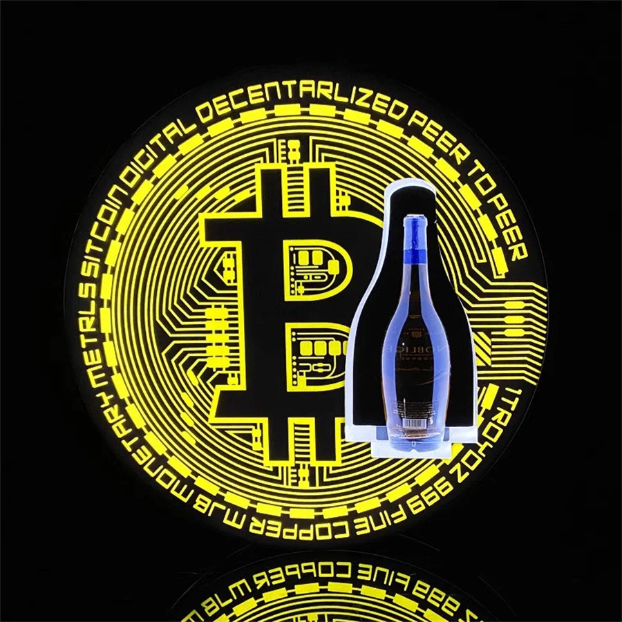 Стойка-витрина в форме биткоина для ночного клуба