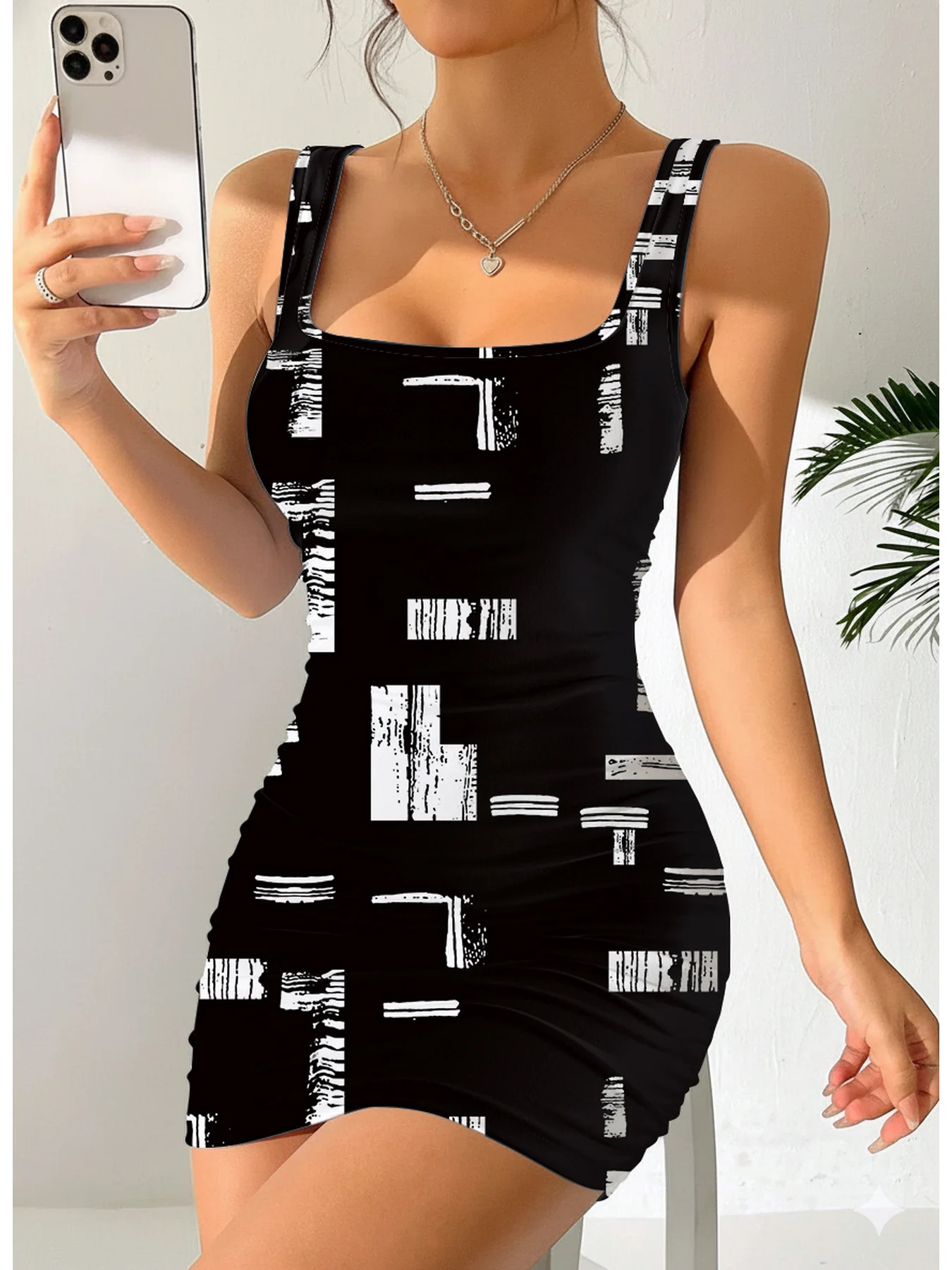Damen-Kleid mit geometrischem Aufdruck, Rundhalsausschnitt, ärmellos, Camisole-Kleid, Sommer, lässig, modisch, bequem, mittellanger Rock