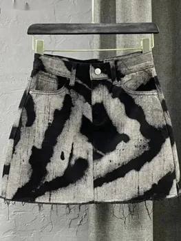 Gray Tie Dye Printing Fashion Denim Mini Skirts Women High Waist Button Pocket A-line Jean Skirts Sexy Y2K Streetwear Y207