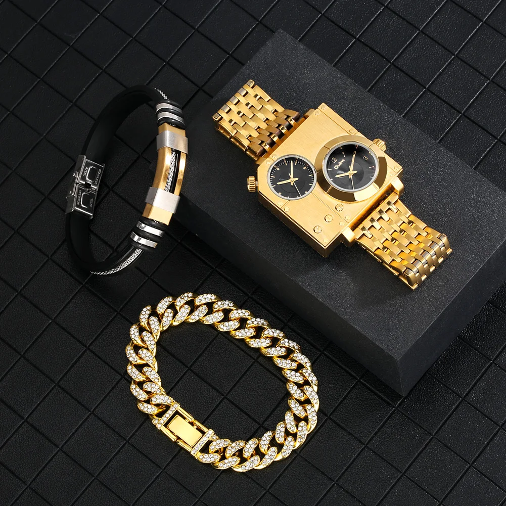 Golden Luxury Brand Quartz Wristwatch Male Diamond Bracelet Set Gift for Boyfriend Fashion Square Dial Design Relogio Masculino 1