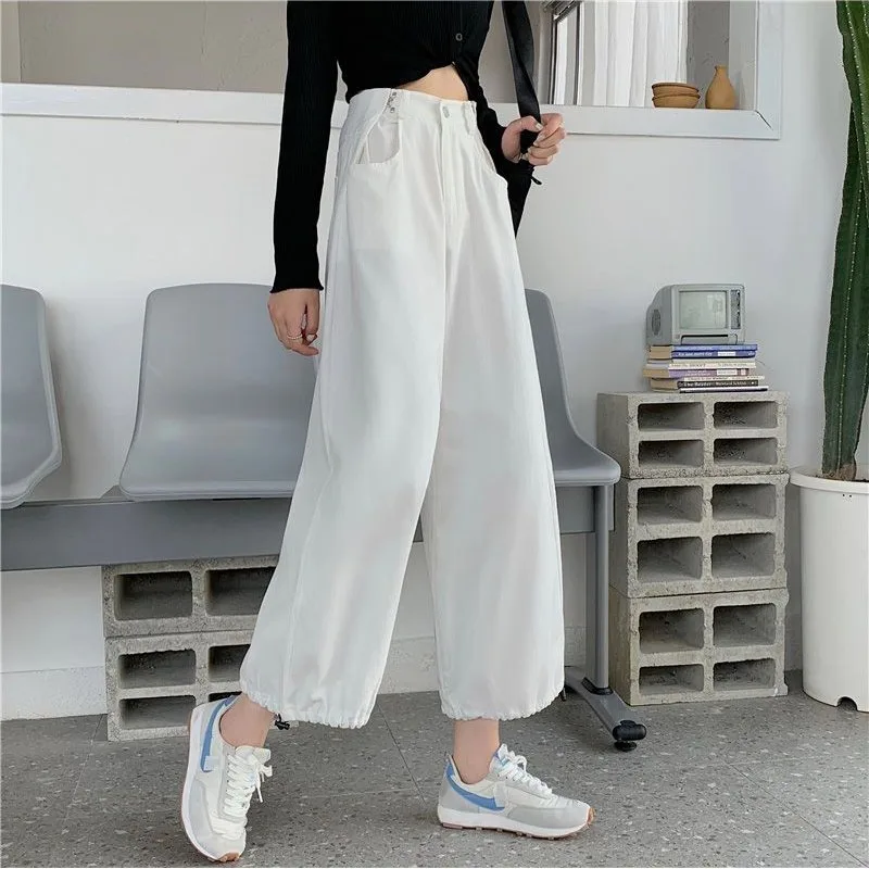Women's Spring Summer Pockets Solid High Waist Button Zipper Sports Casual Wide Leg Strap Bandage Lantern Trousers Vintage Pants