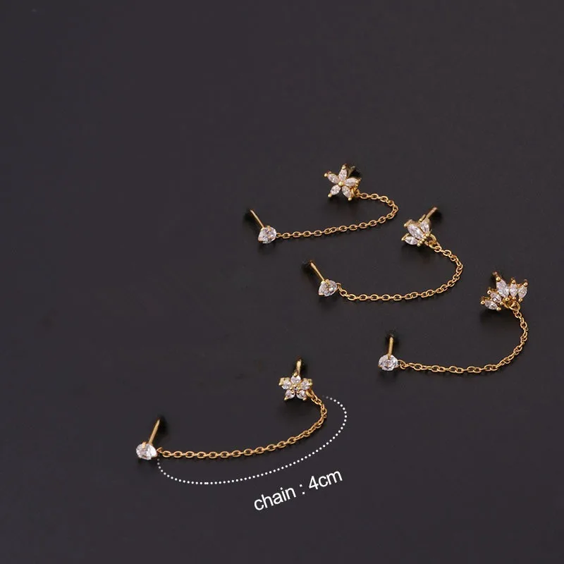 3-teiliges Edelstahl Zirkon Blumen-Stern Ohrstecker Set 14K Vergoldete Kette Knorpel-Piercing Ohrringe Damenschmuck – Detail 2