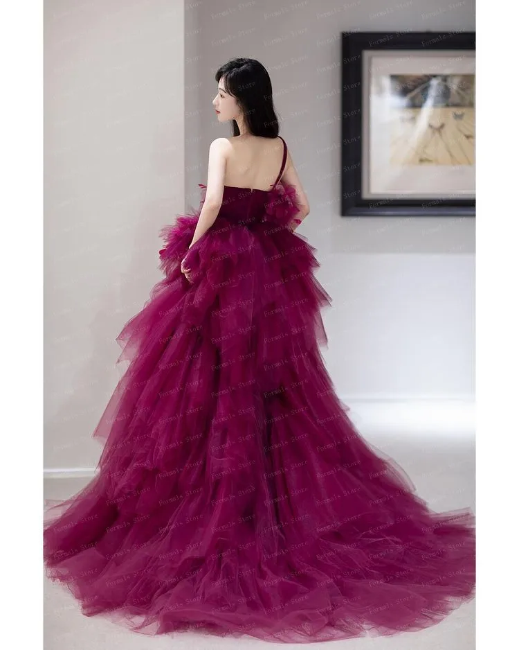 One Shoulder Purple Tulle Ball Gown Layered Fluffy Dress With Feather Long Evening Dresses Elegant Dresses For Women Prom plus size formal dresses & gowns