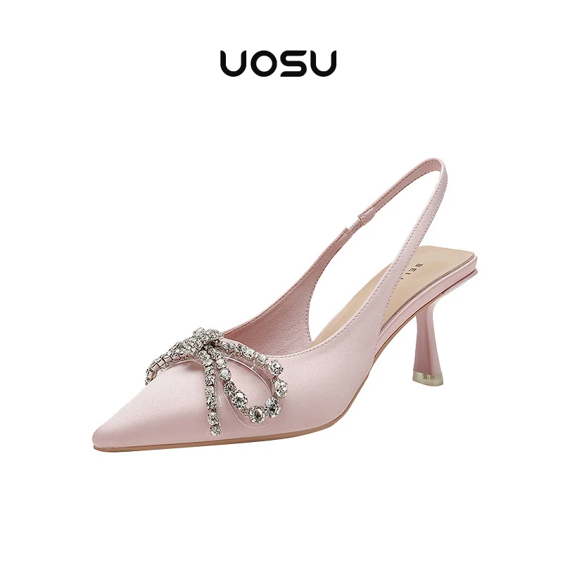 

Women Sandals Silk Bling Crystal Butterfly-Knot Deco High Heel Pointed Toe Elastic Band Sling Back Solid Elegant Party Mules 7cm
