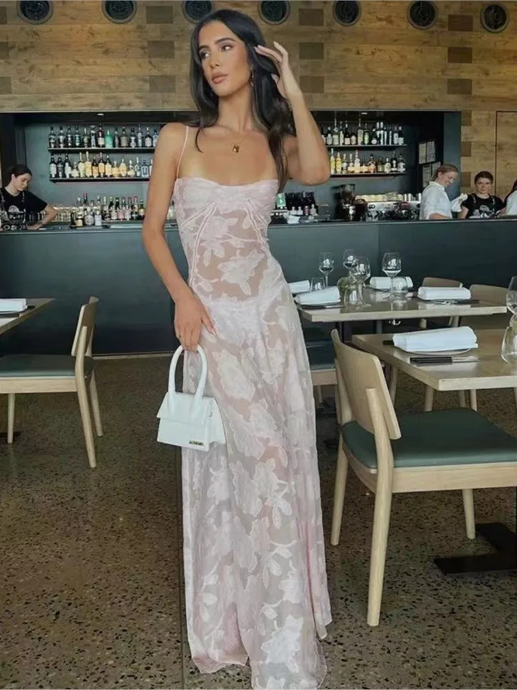 2025 Summer New Dresses For Women Spaghetti Strap Lace Hollow Out Low Cut Sexy A-lin Long Dress Beach Vacation Fashion Vestidos