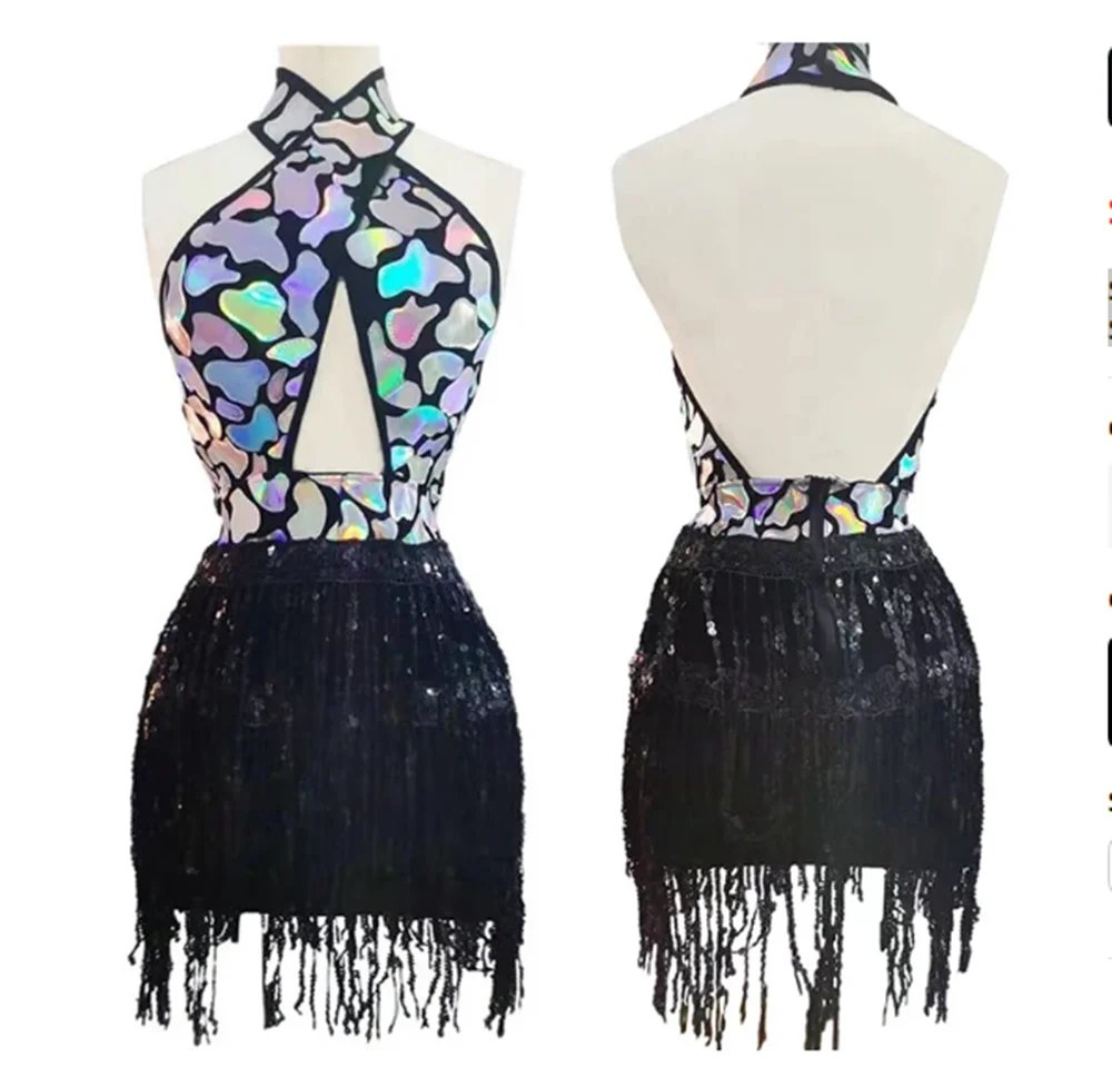 

Sexy Backless Sequins Mirror Dress Rave Outfit Nightclub Bar Gogo Dance Costume Singer Dancer Drag Queen Tassel Dress