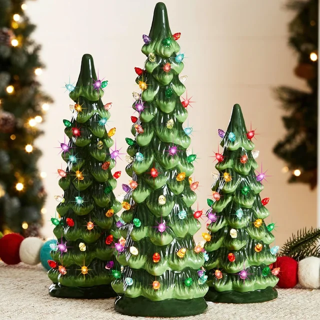 2025 Table Top Christmas Tree with Lights Christmas Tree Ornament Hand-Painted Resin Christmas Tree for Tabletop Home Decor 1