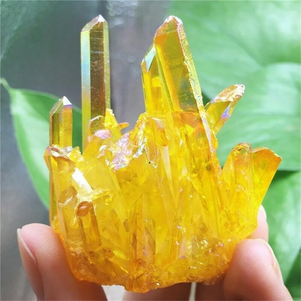 Natural Healing Gemstone Crystal Irregular Electroplating Yellow  Aura Quartz Crystals Cluster Raw Stone Hand craft Deco 5