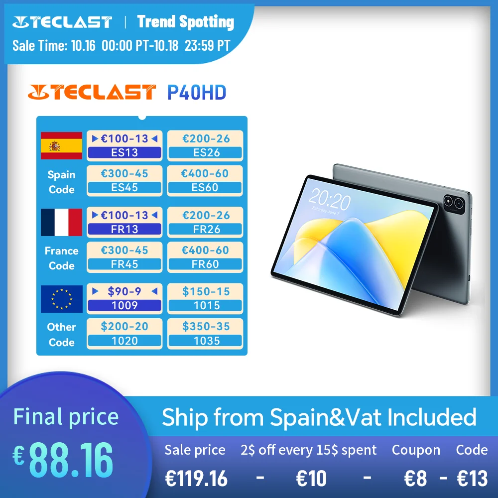 114.31€ 47% OFF|Teclast p40hd 10.1 128 "tablet android 13 8gb ram 6000 gb rom unisoc t606 8 core widevine l1 mah typ c 4g lte gps pc tablet| | - AliExpress