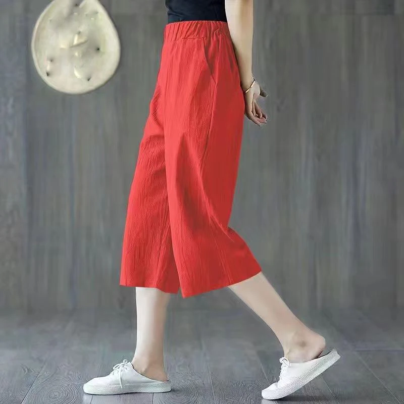 Fashion Elastic Solid Color Pockets All-match High Waist Pants Women's Clothing 2024 Summer New Loose Commuter Capri Pants