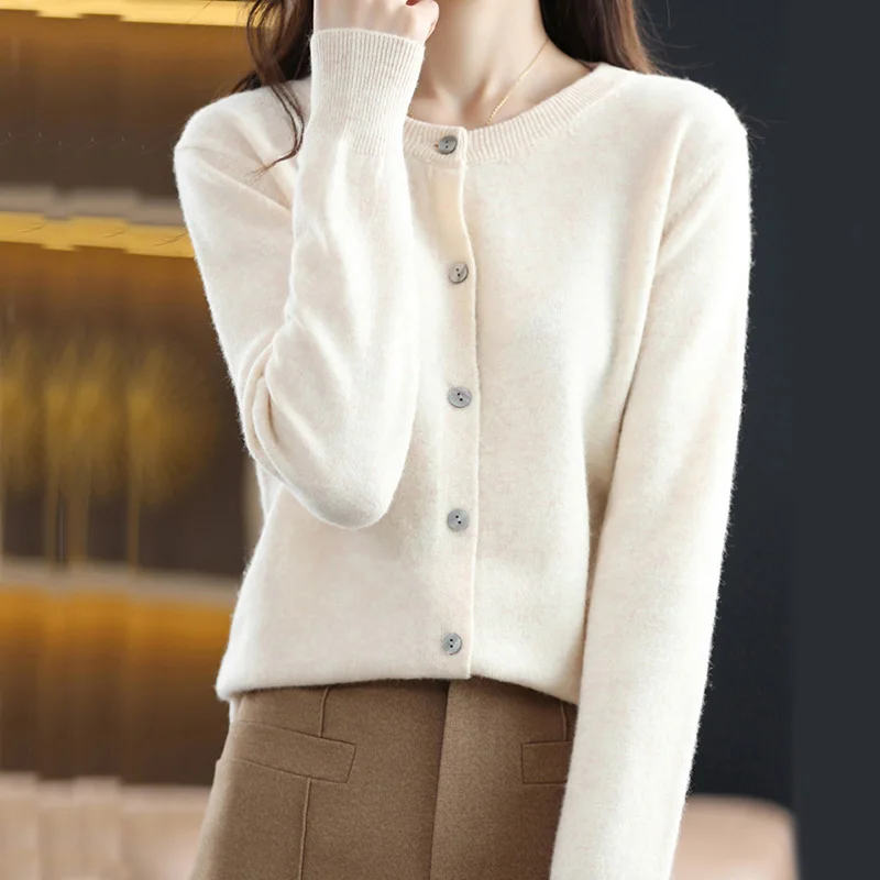 Women Sweater Cardigans Autumn Soft Single Buttons O-neck Open Stitch Solid Basics Fine yarn Outwear knitted Coat