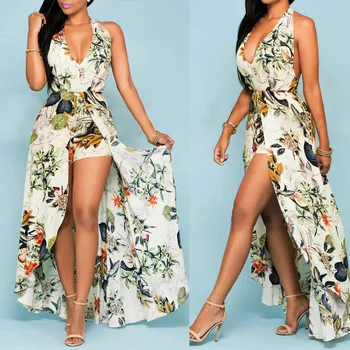 Women Summer Off Shouder Temperament Floral Jumpsuit Casual V Neck Party Beach Playsuit Sexy Halter Backless Long Dress 3