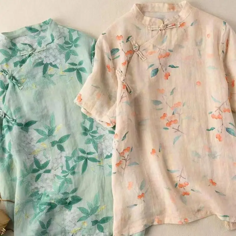Stand Collar Retro Buckle Floral Print Cheongsam Top Women Summer Short Sleeve Vintage Chinese Style Blouses Ladies Loose Shirt