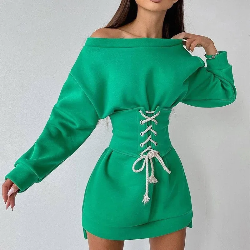 

2022 autumn and winter new women's pure color trend round neck long-sleeved loose casual fashion sweater skirt women's skirt