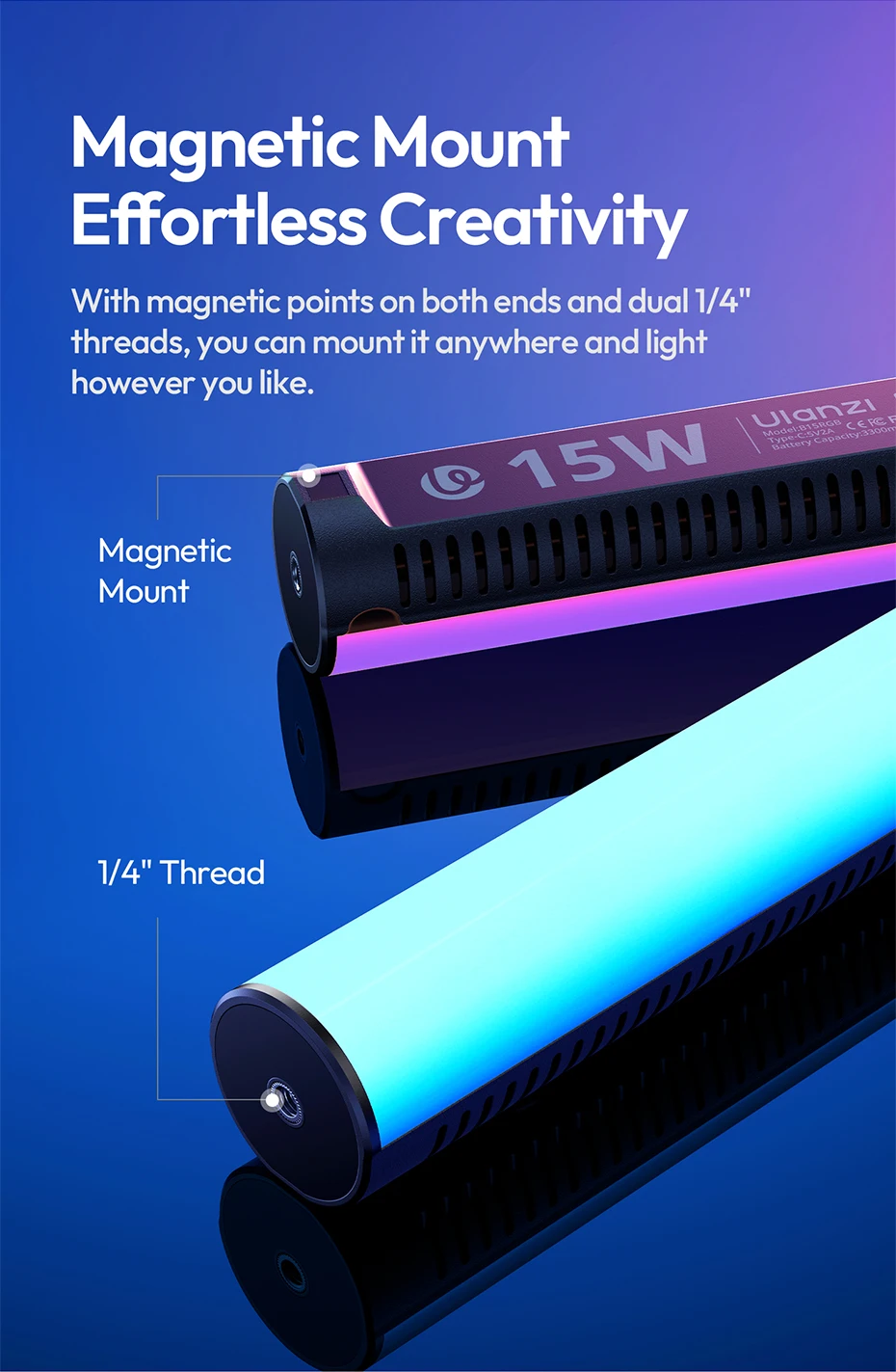 B15RGB 15W Magnetic Tube Light Handheld Led Stick Light 1800-9000K CCT 3300mAh f