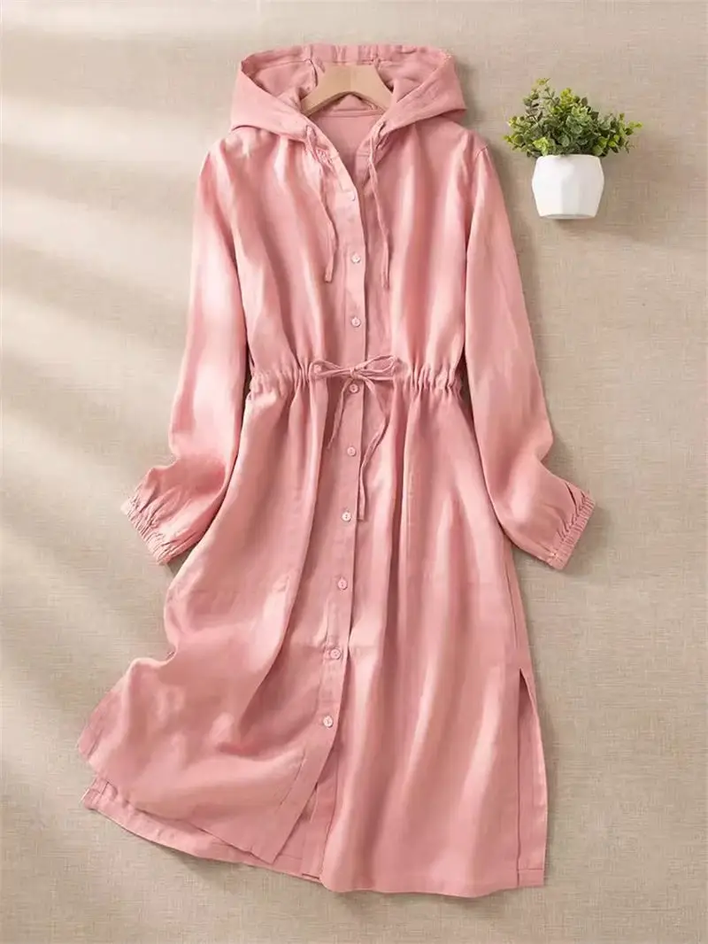 

Тренчкот женский из хлопка и льна с капюшоном, простой однотонный кардиган средней длины с длинным рукавом, защита от солнца, в японском стиле, K881