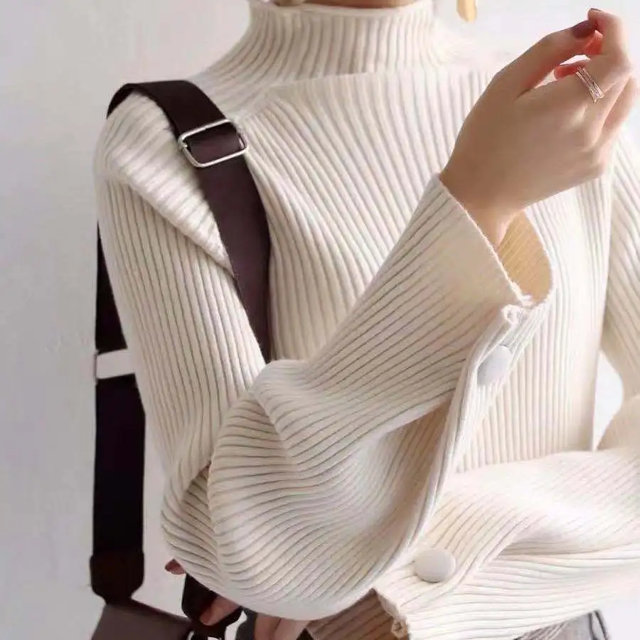 

Women's Sweater Autumn Soft Elastic Pullover Jumper Women Half High Collar Knitted Basic Sweaters Female Full Sleeve Button Tops