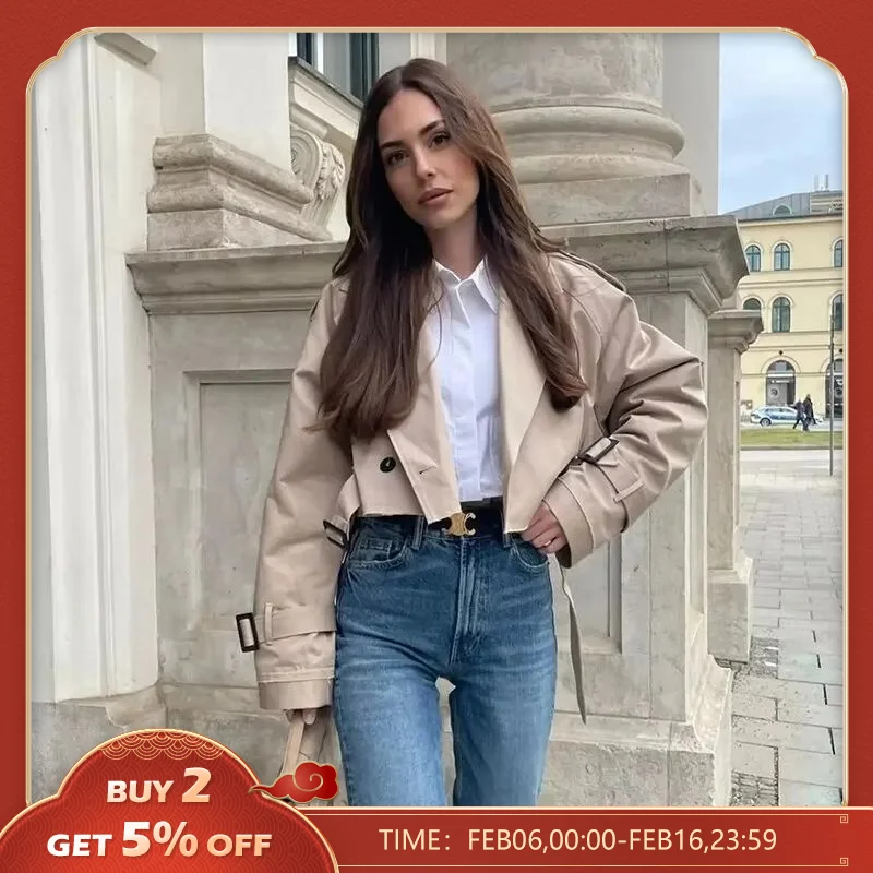 Chaquetas cortas para mujer 2023 primavera otoño chaqueta delgada de manga larga con cinturón abrigo informal para mujer