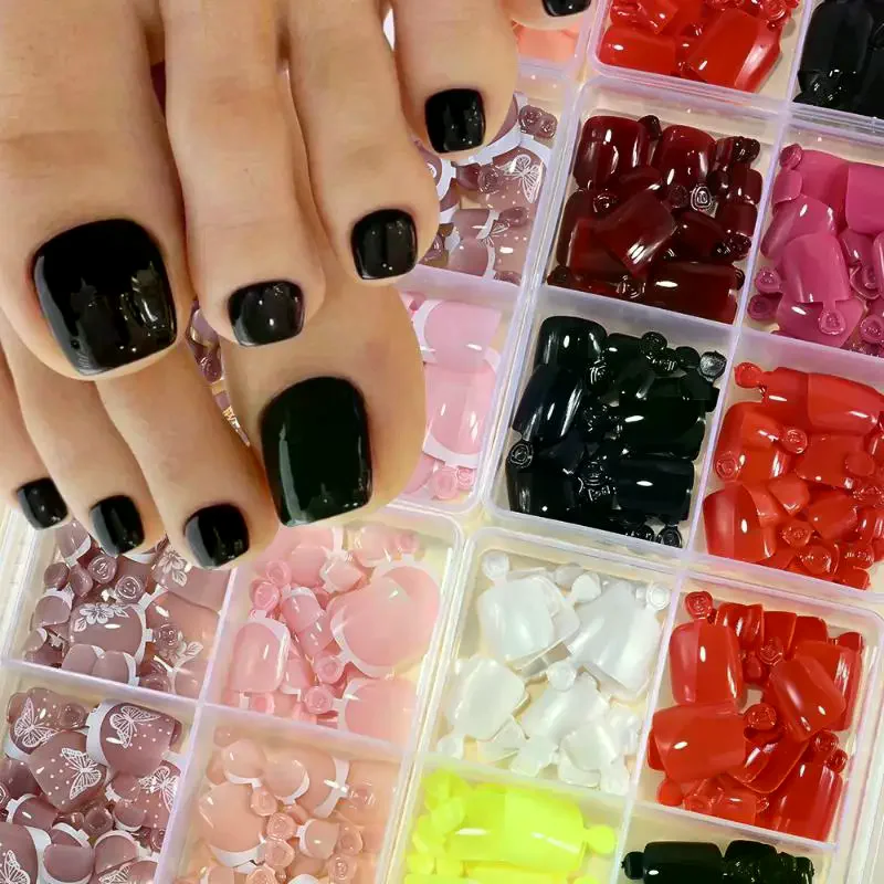 96 Pcs 4 Grid Short Square False Toenails Full Cover Acrylic Artificial Foot Nail Tips Wearable Nail Art Extension For DIY Nail
