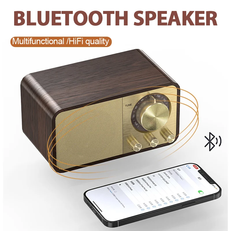 

Wooden Retro Classic Soundbox Bluetooth-Compatible 5.0 Stereo Speaker Surround Super Bass Subwoofer AUX FM Radio Sound System