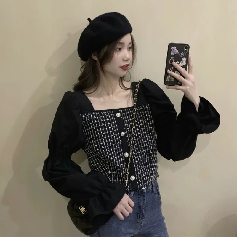 Square Collar Women Blouses Korean Style Sweet Flared Sleeve Patchwork Office Lady Casual Daily Autumn and Winter Shirts Female