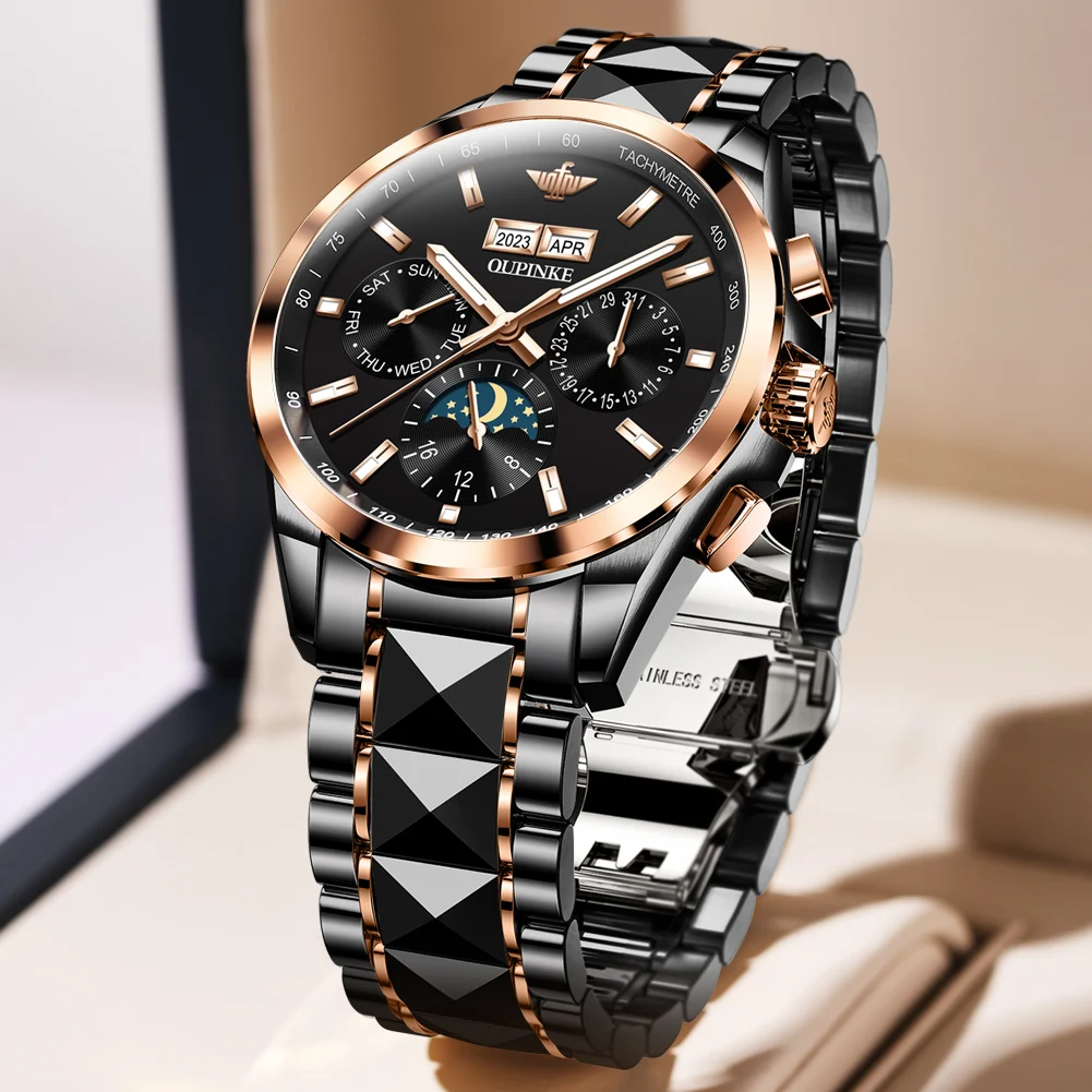 Original Brand OUPINKE Luxury Automatic Watch for Men Waterproof High-quality Mechanical Wristwatch Ceramic Skeleton Watches