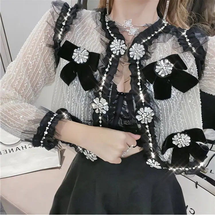 Korea Socialite Heavy Industry Beads Rhinestone Sequins Bow Mesh Short Coat Top Women Spring Fashion Sweet Long Sleeve Shirt