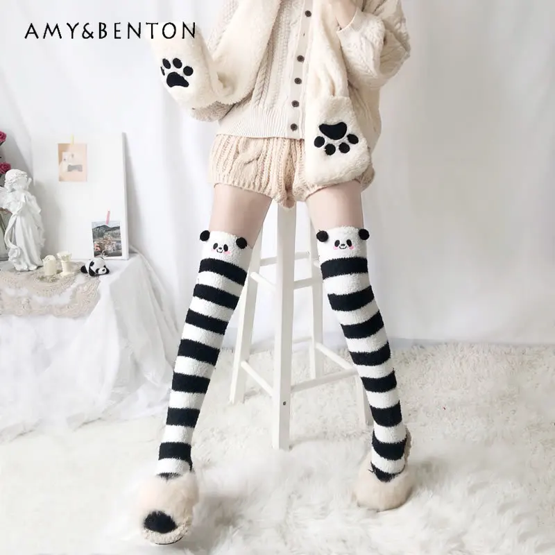 

Japanese Cute Striped Soft Coral Fleece Warm Socks Cartoon Embroidery Thigh High Socks Winter Lolita Kawaii Thigh High Stockings