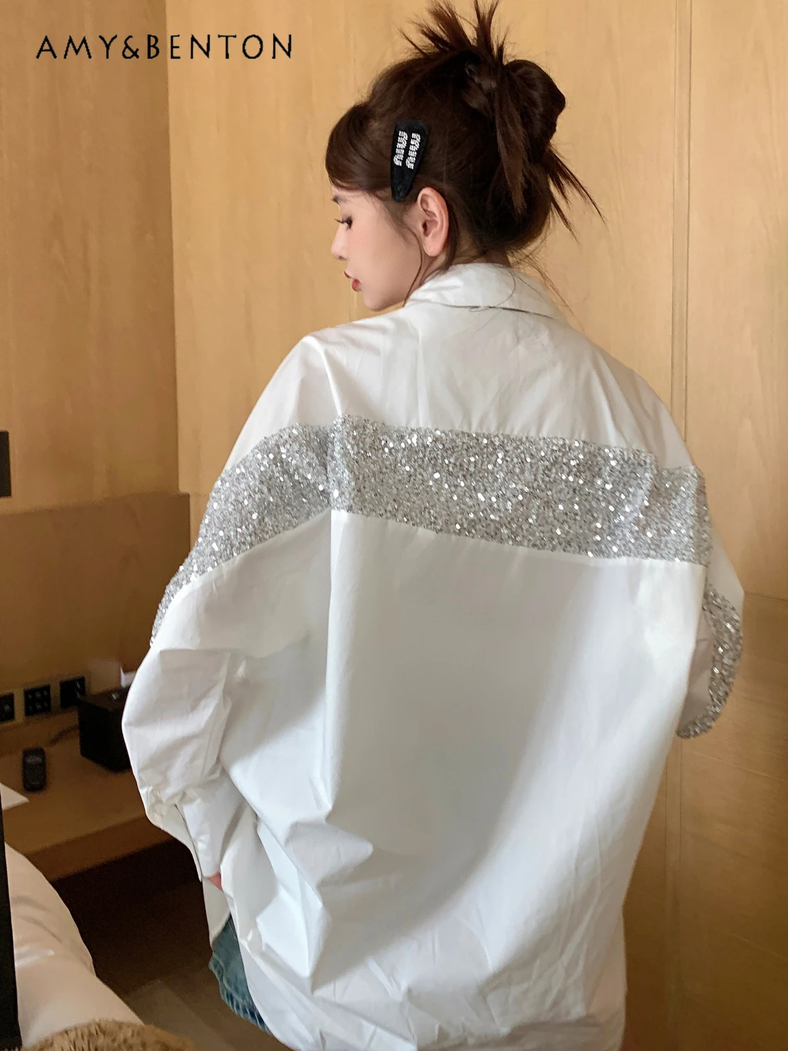 

High-End Chic White Sequined Blouse Women 2024 Spring New Fashion Slim Long-Sleeved Camisas Office Lady Casual Oversized Shirt