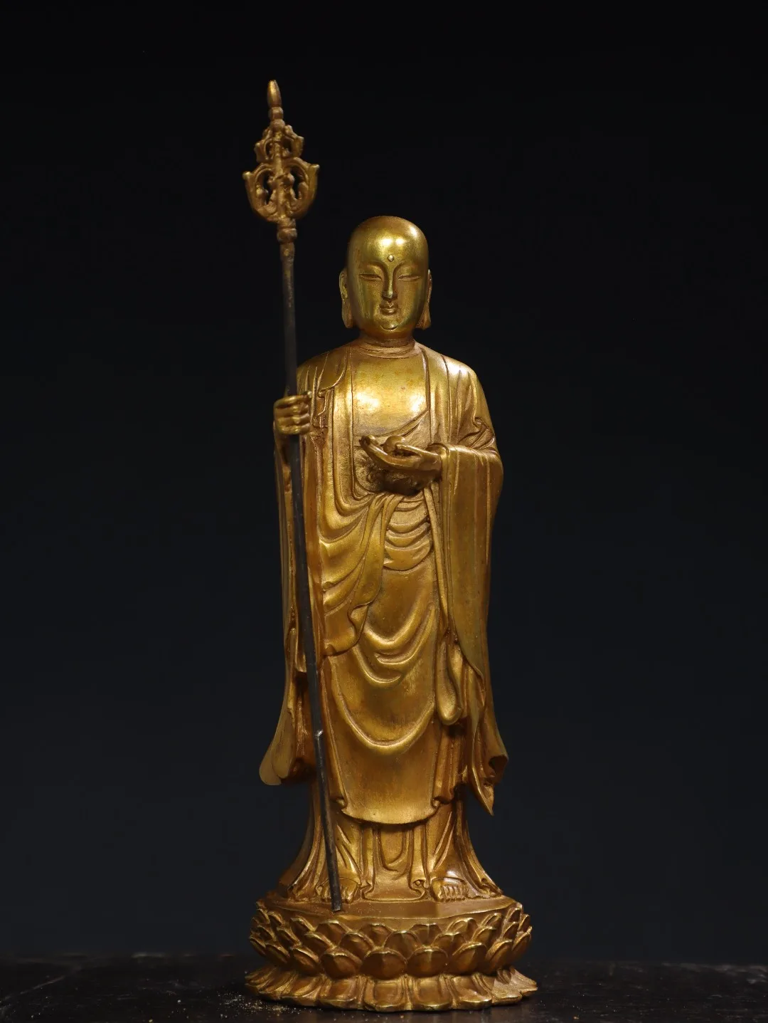

9"Tibetan Temple Collection Old Bronze Cinnabar Gilded Ksitigarbha Amitabha Standing Buddha Double Lotus Platform Worship Hall