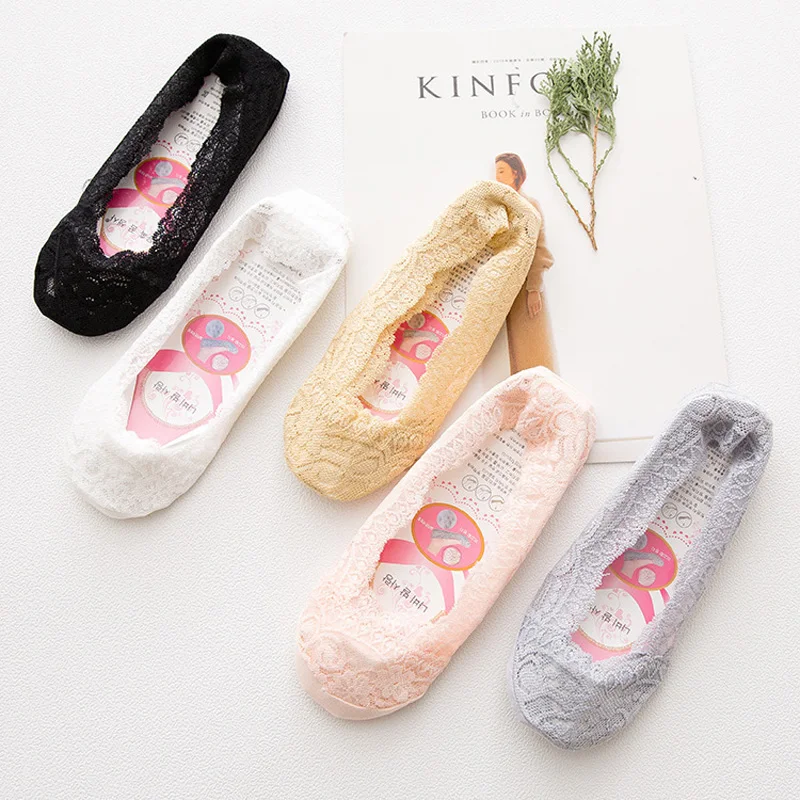 5 Paar Damen Sommer Spitzen Unsichtbare Socken Bootsnockensocken Mesh Dünn Niedrig Geschnittene Socken Slipper Damen Knöchelsocken Silikon No-Show Socken Rutschfest – Detail 2