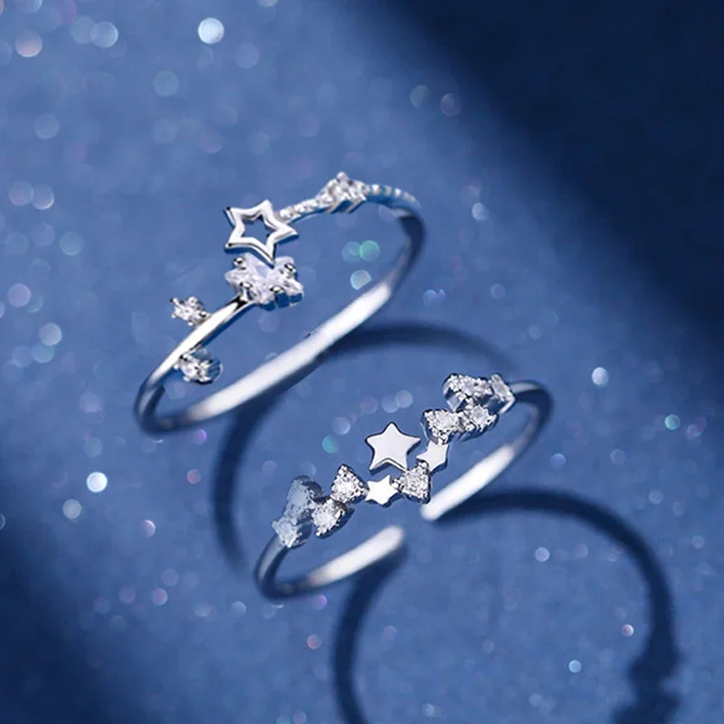 Korean Five Pointed Star Rings Women Simple Zircon Cross Opening Adjustable Finger Rings Jewelry Party Gift