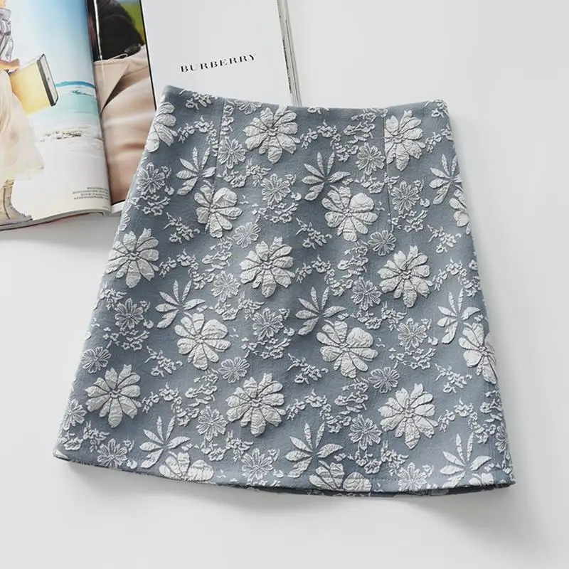 

Elegant Jacquard Mini Skirt Women for Summer 2023 New High Waist Hip Fashion Slim Slim Fit A- Line Skirts Women Back zipper