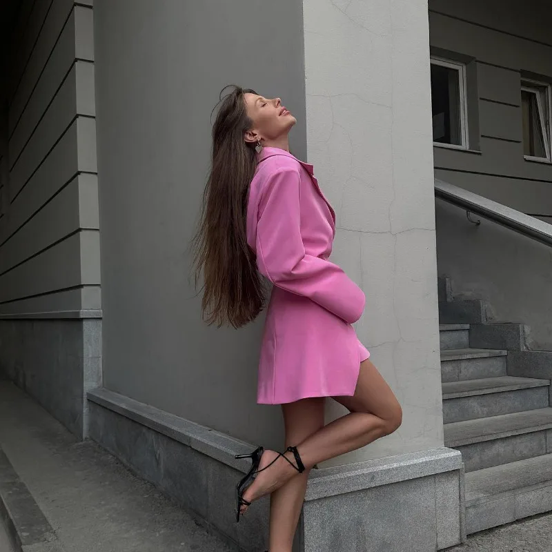Slim Long Blazer Suits For Women Fashion Pink High Waist Skirts Female Turn Collar Blazer 2 Piece Sets Womens Outfits New