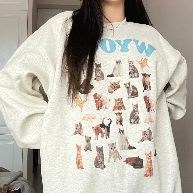 

Original Design Animal Cats Print Sweatshirt Women Girls High Street Cute Pullover Korean Style Kawaii Clothes Oversized Y2K Top