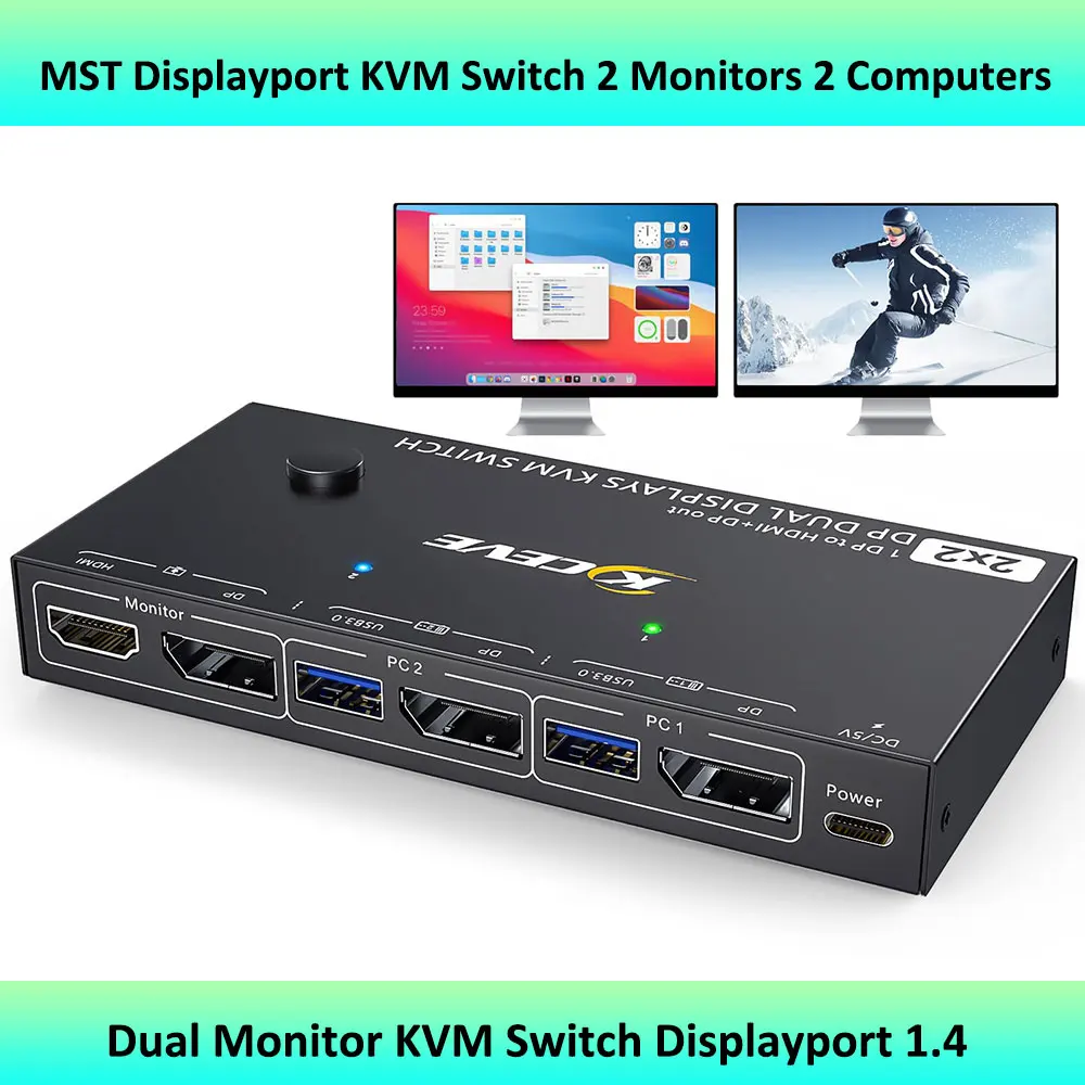 Mst Displayport Switch Kvm 2 Monitor 2 Computer 4K @ 144Hz,(1 Dp In,Dp + Hdmi Out), Switch Kvm Doppio Monitor Dp 1.4 Con 4 Usb 3.0