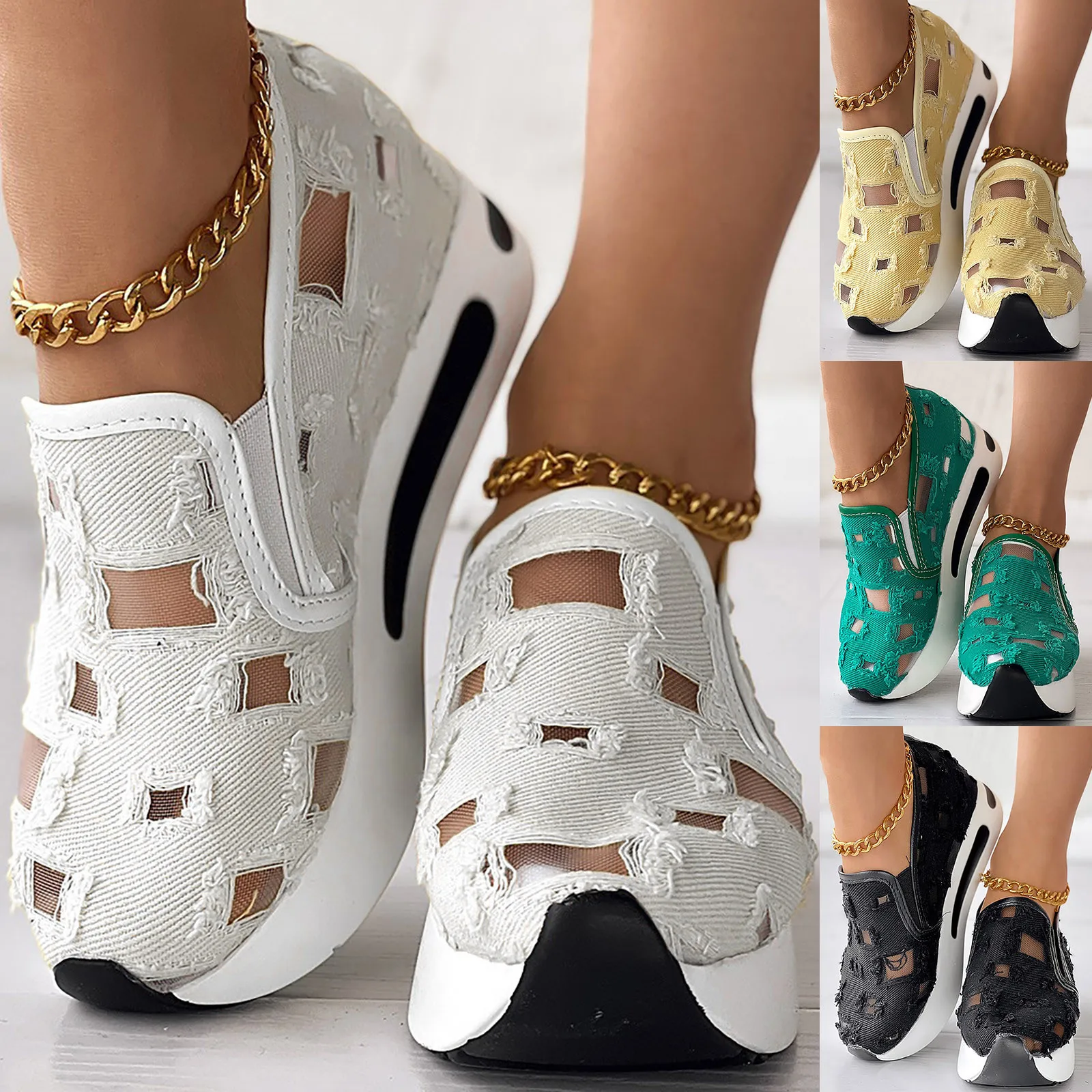 Women's Floral Embroidery Mesh Slip on Sneakers Comfy Heeled Shoes,women shoes