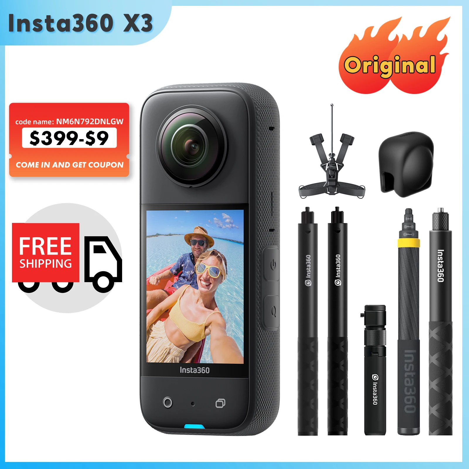 Insta360 X3 - Caméra 360° étanche + Kit d'accessoires 50 en 1 + Carte 64 Go  + Plus 