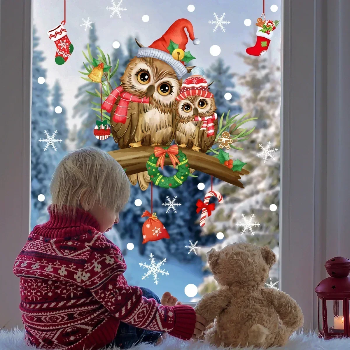 Window Decoration Wall Sticker Christmas Owl Window Stickers Christmas Glass Sticker Branch Owl Snowflake Wall Sticker