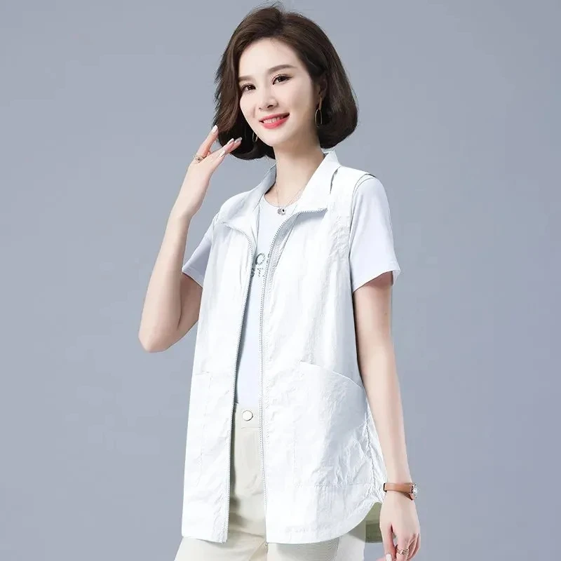 2023 Summer Liner Sun Protection Clothes Women Casual Thin Pink Vest Large Size 4XL Sleeveless Jacket  Short Zipper Waistcoat