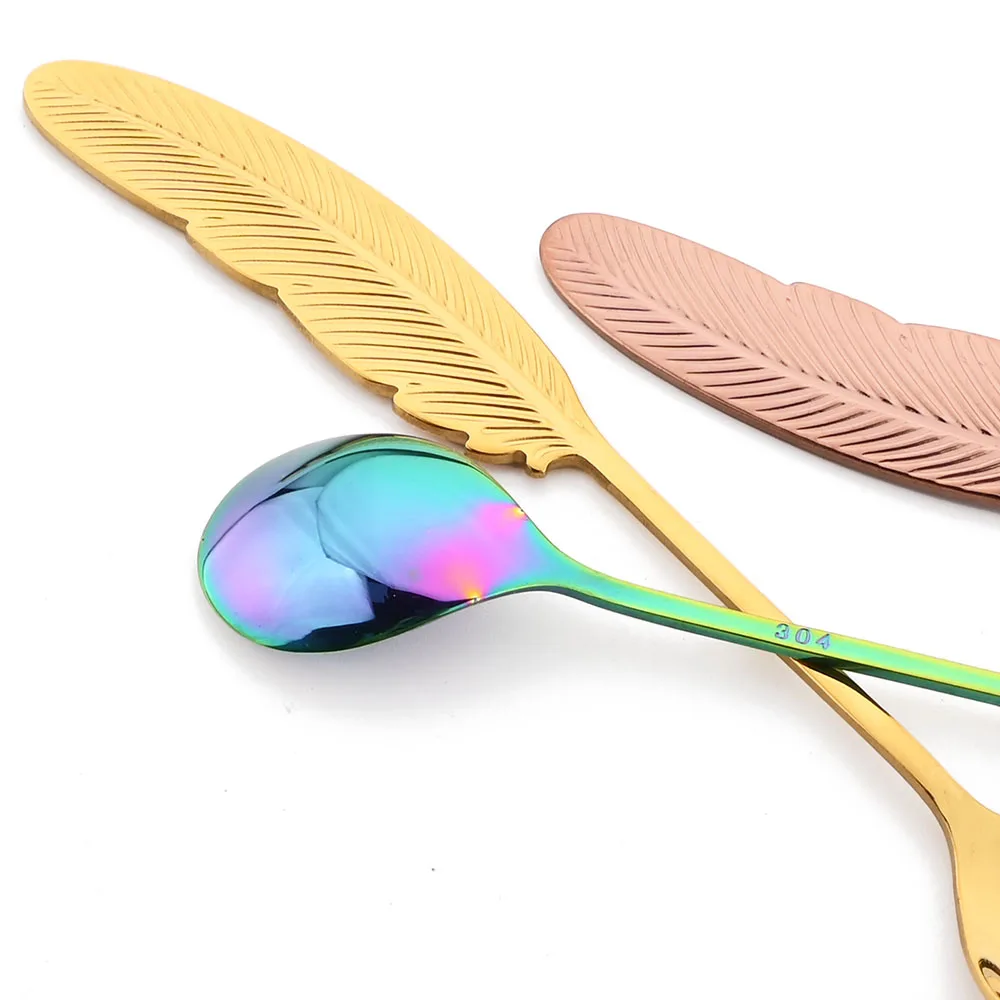Tea Spoon 2/4Pcs Teaspoon Creative Feather Stainless Steel Spoon Coffee Spoon For Ice Cream Colorful Dessert Set Decoration Kitchen tea spoon