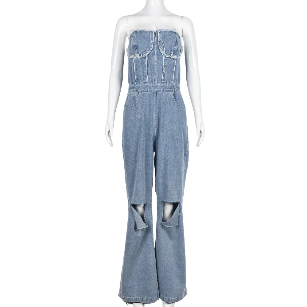 Denim Women Jumpsuit Sexy Hollow Hole Zipper Long Chest Wrapped Y2k Sleeveless Jump Suit for Female Streetwear Summer 2024 New