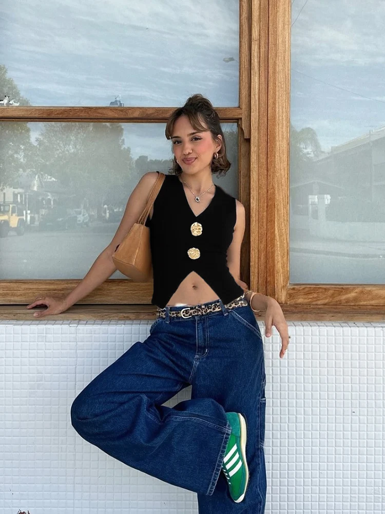 Nibber Sexy Metal Buckle Tank Tops Women Casual Basic Stretch Deep V-Neck Fashion Y2K Summer Classic Solid Street Fit Mini Vest